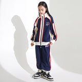 Boys Hip Hop Blue Coat Joggers Girls Sport Bomber Jacket Street Dance Pants Kids Streetwear Children Patchwork Jazz Clothes Sets