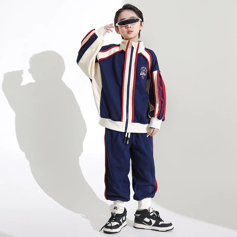 Boys Hip Hop Blue Coat Joggers Girls Sport Bomber Jacket Street Dance Pants Kids Streetwear Children Patchwork Jazz Clothes Sets