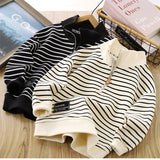 Boys Stripes Sweatshirt Spring Autumn Girls Casual Pullover Big Kids Lapel Zipper Tops Children Sportswear Clothing 4-14 Years