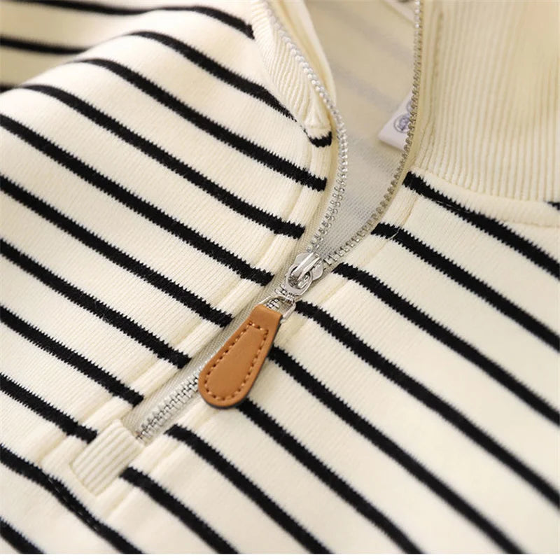 Boys Stripes Sweatshirt Spring Autumn Girls Casual Pullover Big Kids Lapel Zipper Tops Children Sportswear Clothing 4-14 Years