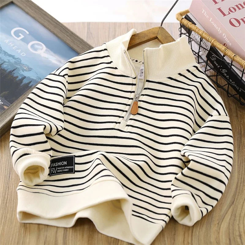 Boys Stripes Sweatshirt Spring Autumn Girls Casual Pullover Big Kids Lapel Zipper Tops Children Sportswear Clothing 4-14 Years