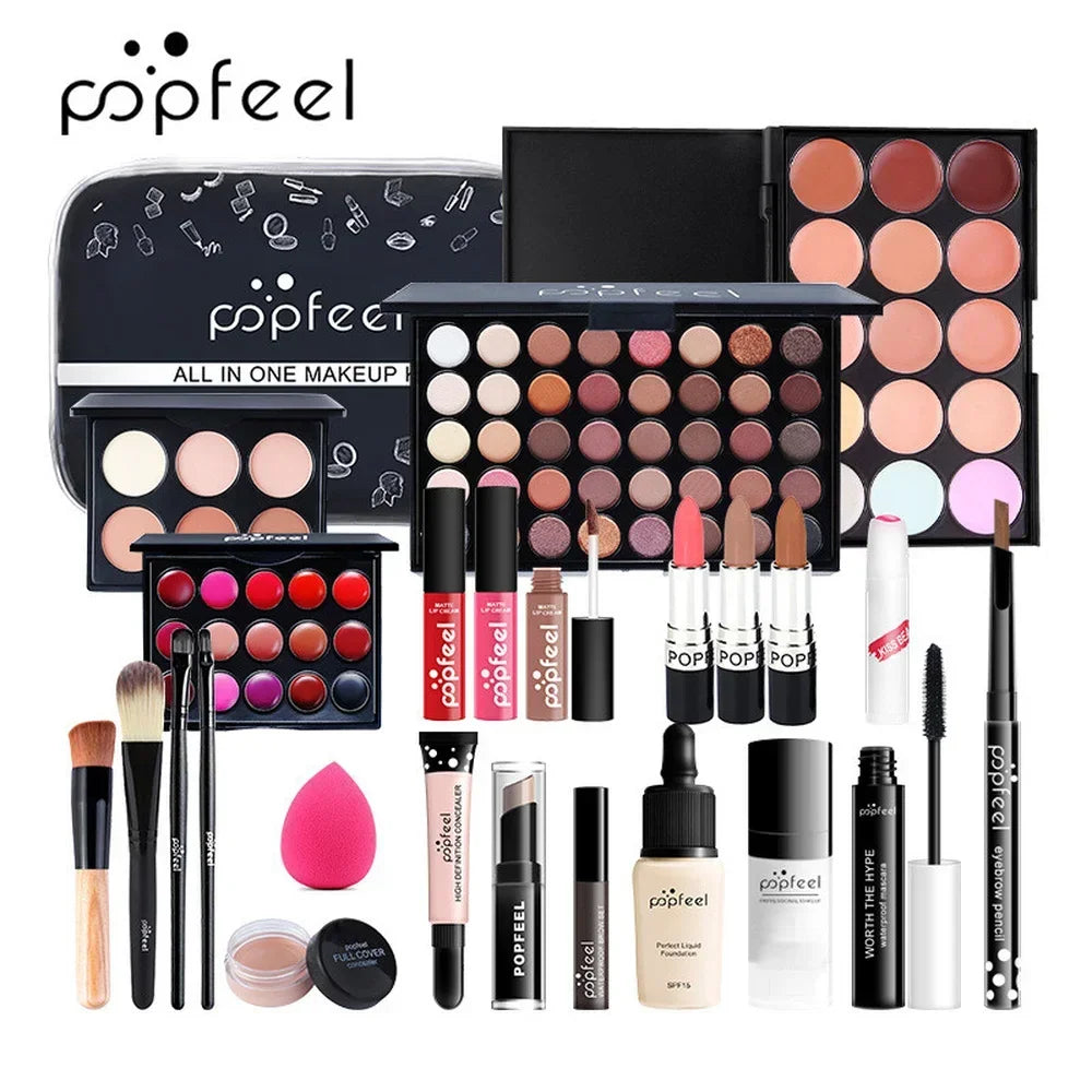 Brand ALL IN ONE makeup kit (eyeshadow, lip gloss,lipstick,makeup brushes,eyebrow,concealer)with makeup bag