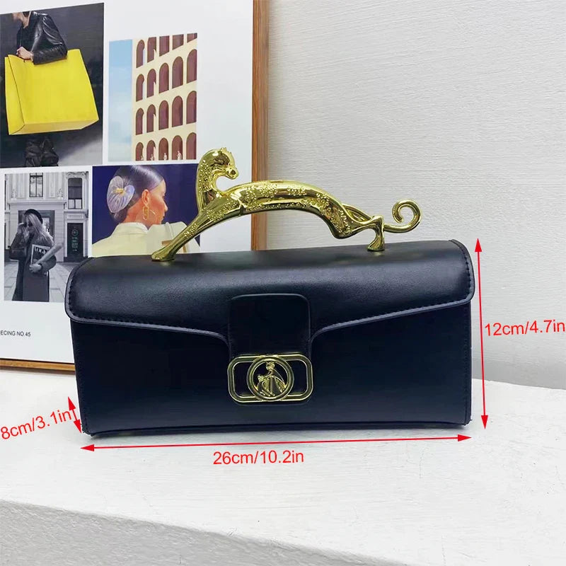 Brand Handbags For Women Metal Handle Black Leather  Luxury Designer Crossbody Bag 2023 New Fashion Trend Shell Bag Clutch Bag