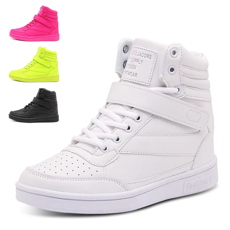 Brand Womens Breathable High Top Skateboard Shoes Casual Non-slip Sport Shoes Ladies Platform Hidden Increasing Leather Sneakers