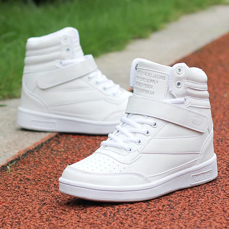 Brand Womens Breathable High Top Skateboard Shoes Casual Non-slip Sport Shoes Ladies Platform Hidden Increasing Leather Sneakers