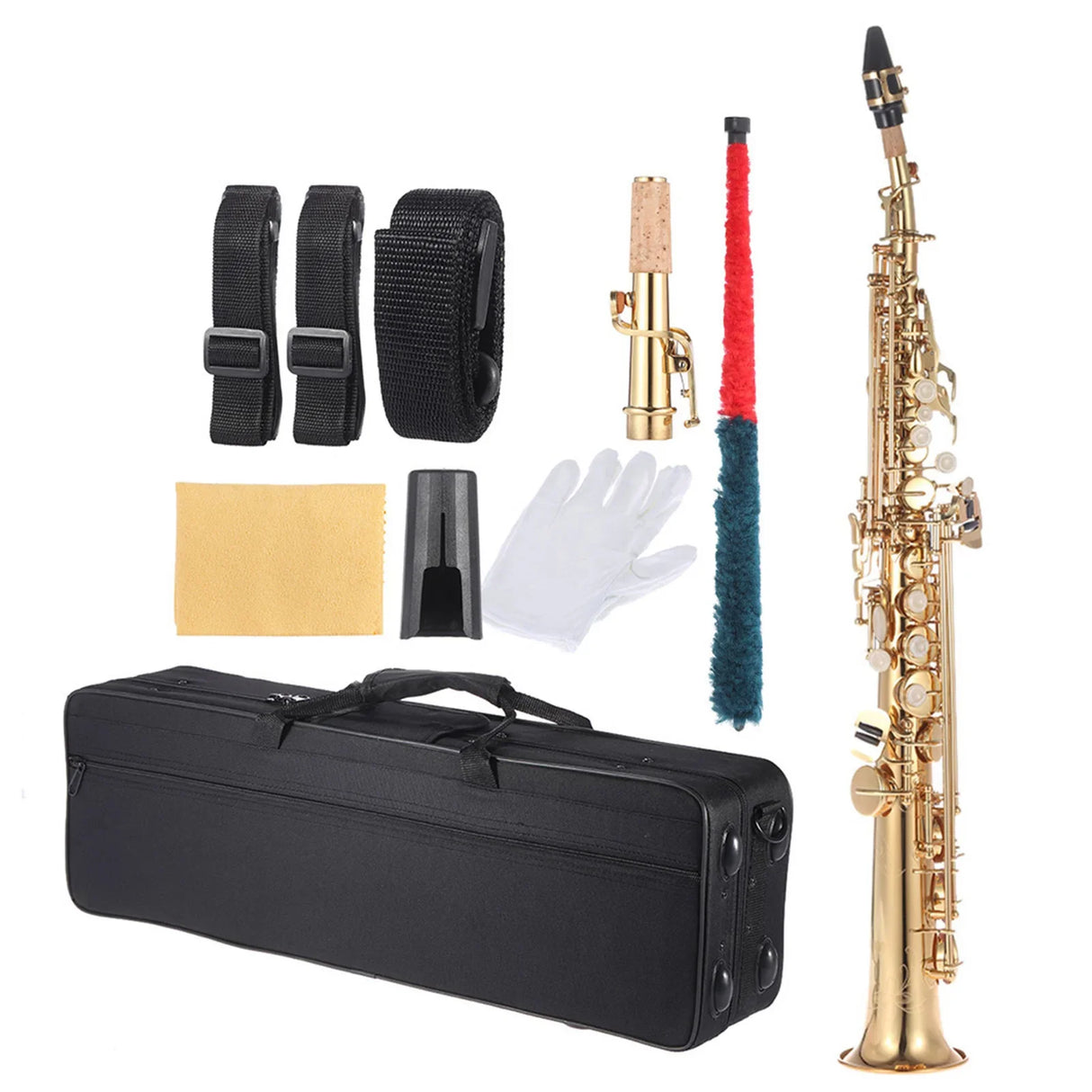 Brass Straight Soprano Saxophone Bb BFlat Woodwind Instrument Natural Shell Key Carve Pattern with Carrying Case Sax Accessories