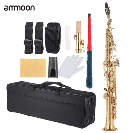 Brass Straight Soprano Saxophone Bb BFlat Woodwind Instrument Natural Shell Key Carve Pattern with Carrying Case Sax Accessories