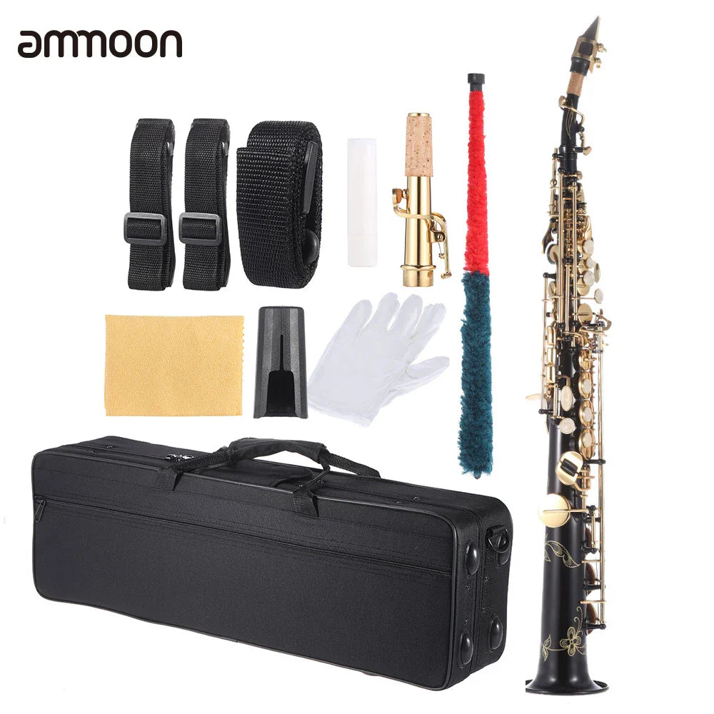 Brass Straight Soprano Saxophone Bb BFlat Woodwind Instrument Natural Shell Key Carve Pattern with Carrying Case Sax Accessories