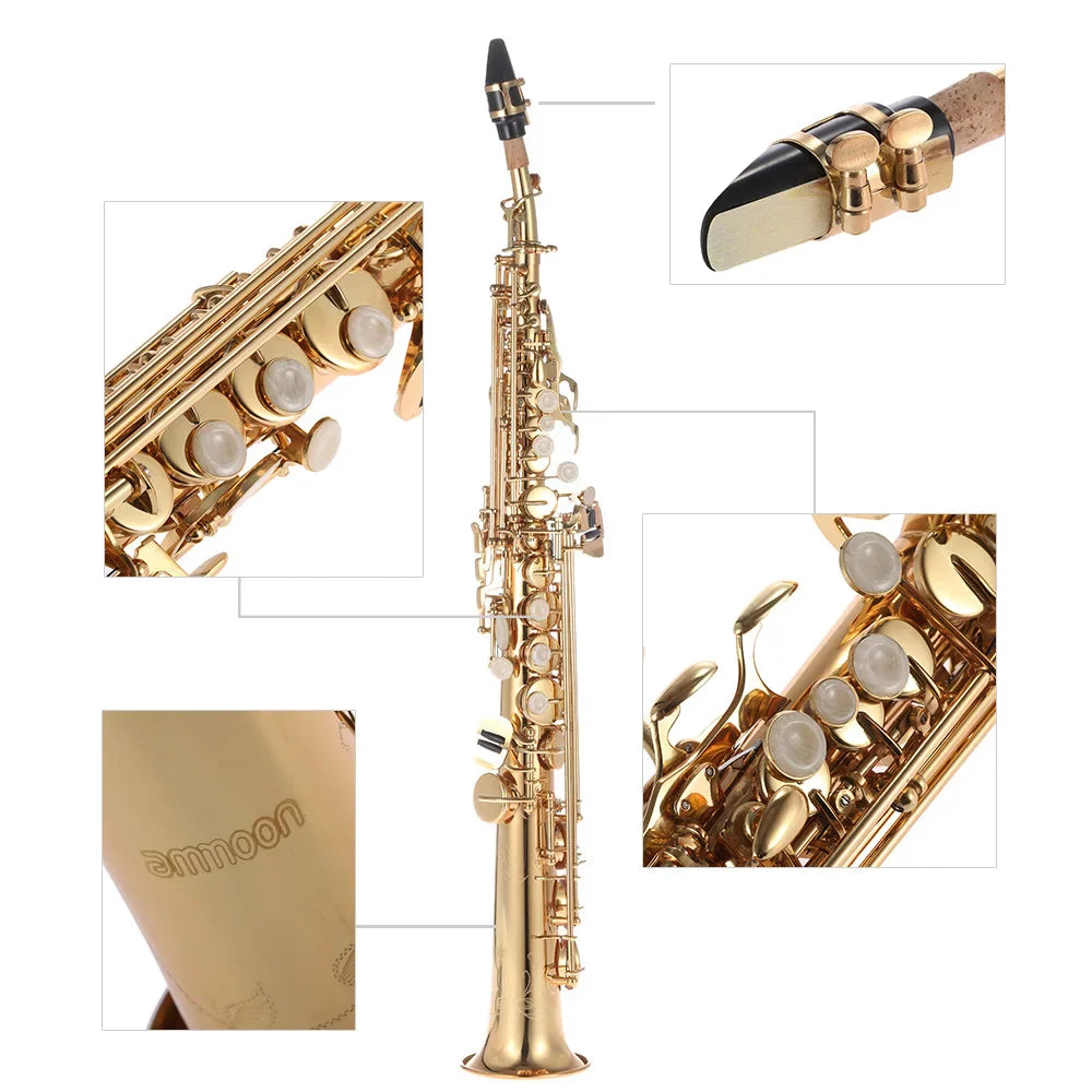 Brass Straight Soprano Saxophone Bb BFlat Woodwind Instrument Natural Shell Key Carve Pattern with Carrying Case Sax Accessories