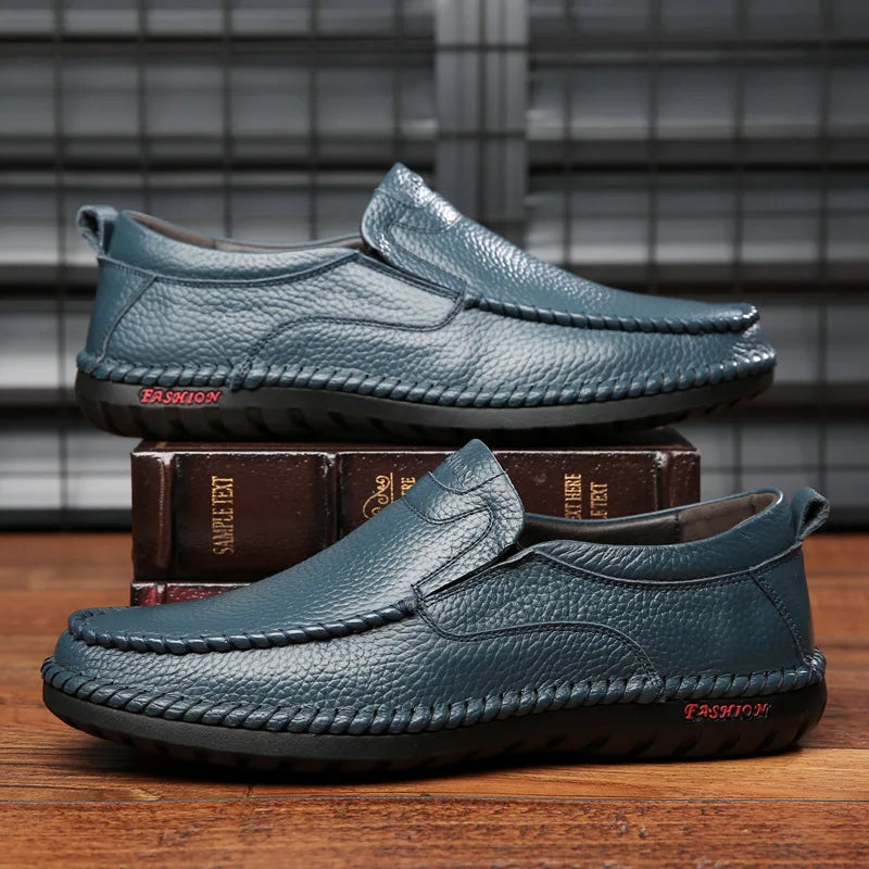 Breathable Genuine Leather Men Shoes Summer Slip On Loafers Men Casual Leather Shoes Blue Flats Hot Sale Driving Shoes Moccasins