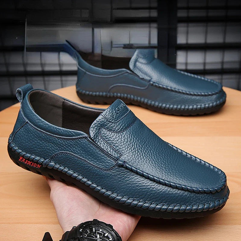 Breathable Genuine Leather Men Shoes Summer Slip On Loafers Men Casual Leather Shoes Blue Flats Hot Sale Driving Shoes Moccasins