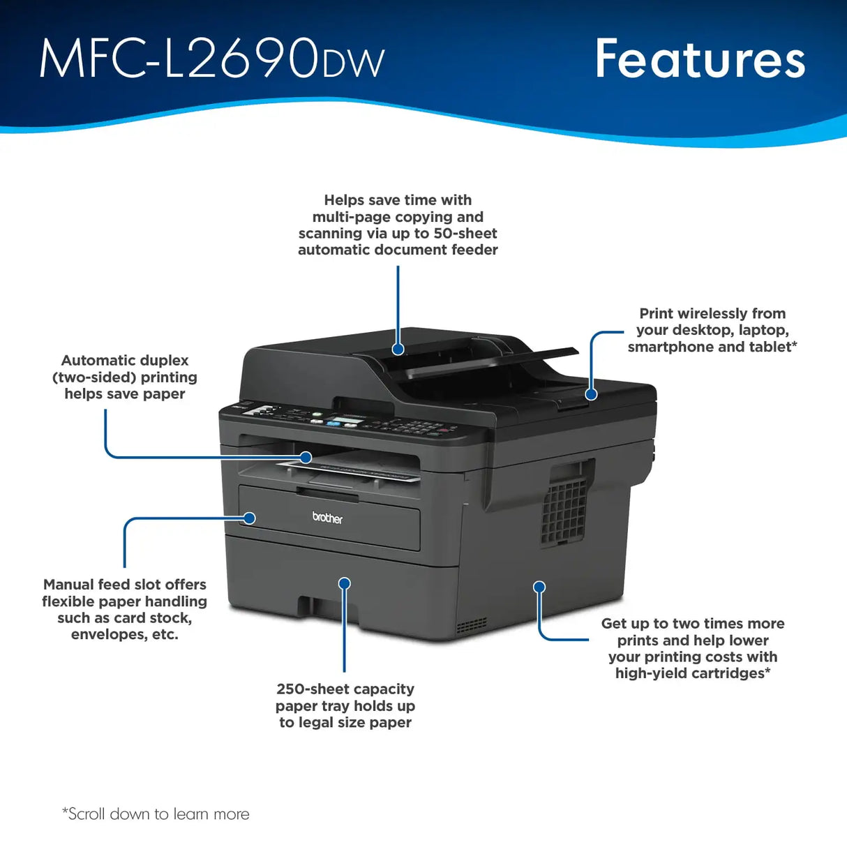 Brother MFC-L2690DW Monochrome Laser All-in-One Printer, Duplex Printing, Wireless Connectivity