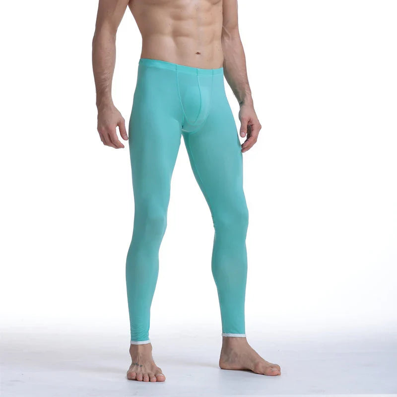 CLEVER-MENMODE Sheer Men's Ice Silk Long Johns Pants Elastic Underwear Thin Nightwear Translucent Pajamas Bottoms Thermal Pants