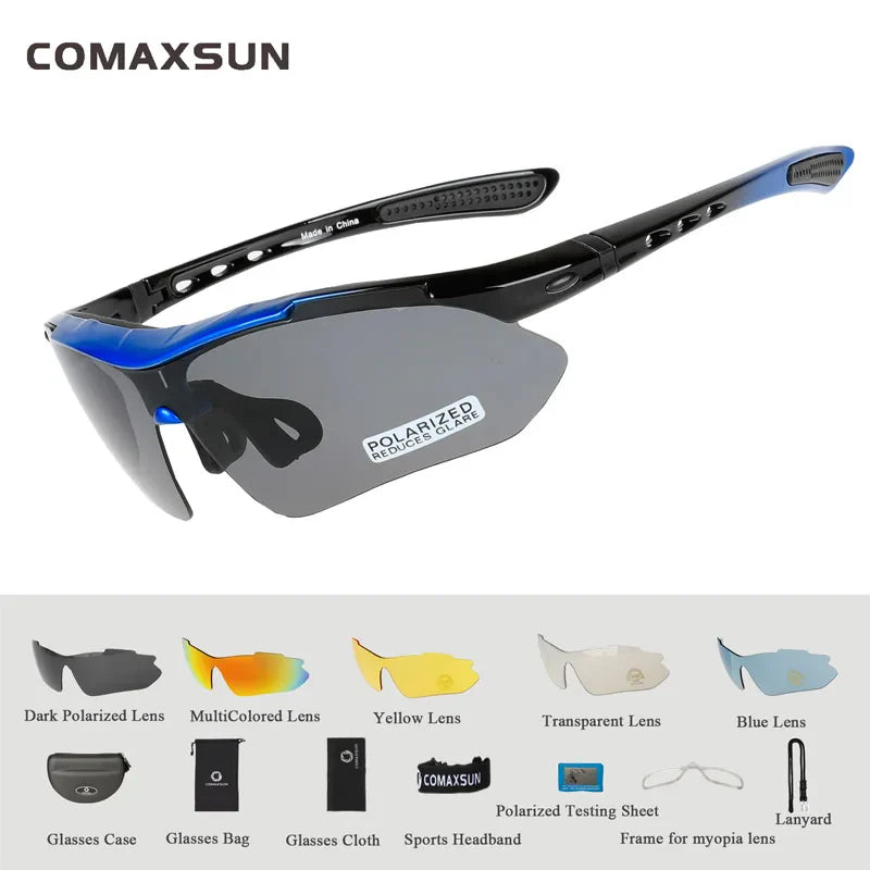 COMAXSUN Professional Polarized Cycling Glasses Bike Goggles Outdoor Sports Bicycle Sunglasses UV 400 With 5 Lens TR90 2 Style