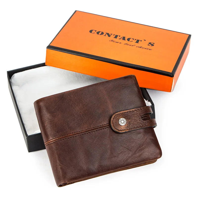 CONTACT'S Casual Men Wallets Crazy Horse Leather Short Coin Purse Hasp Design Wallet Cow Leather Clutch Wallets Male Carteiras