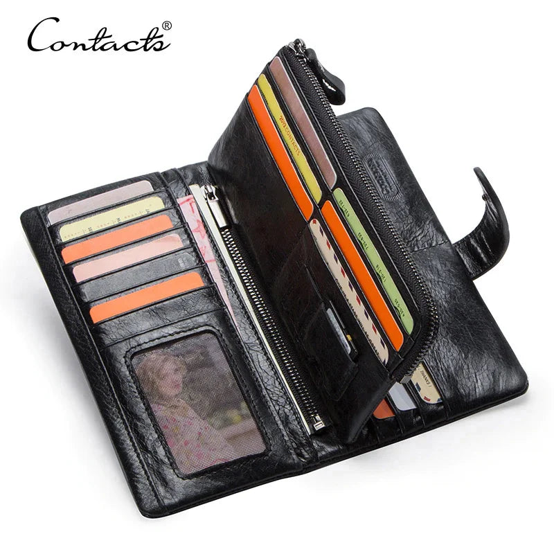 CONTACT'S Genuine Leather Men's Long Wallet With Phone Bag Zipper Coin Pocket Purse Male Clutch Wallets For Men Portfel Small