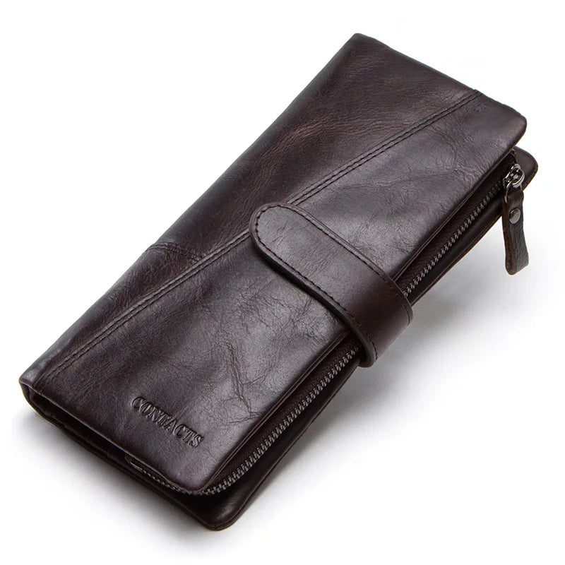 CONTACT'S Genuine Leather Men's Long Wallet With Phone Bag Zipper Coin Pocket Purse Male Clutch Wallets For Men Portfel Small