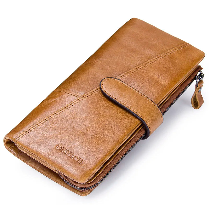 CONTACT'S Genuine Leather Men's Long Wallet With Phone Bag Zipper Coin Pocket Purse Male Clutch Wallets For Men Portfel Small