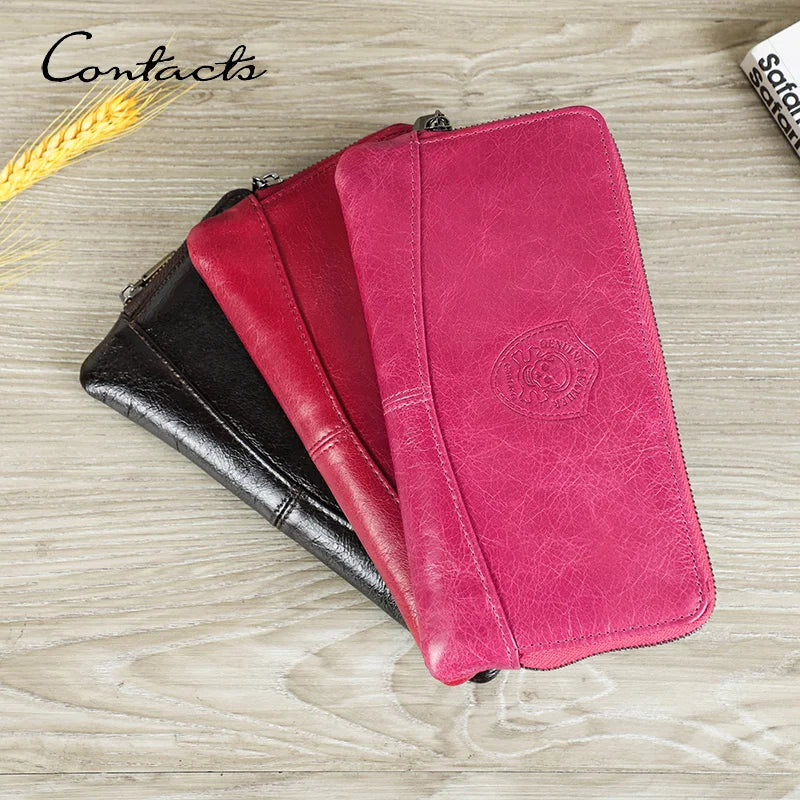 CONTACT'S Genuine Leather RFID Long  Women's Wallets Skull Pattern Zipper Women's Purses Card Holders Luxury Designer Money Clip