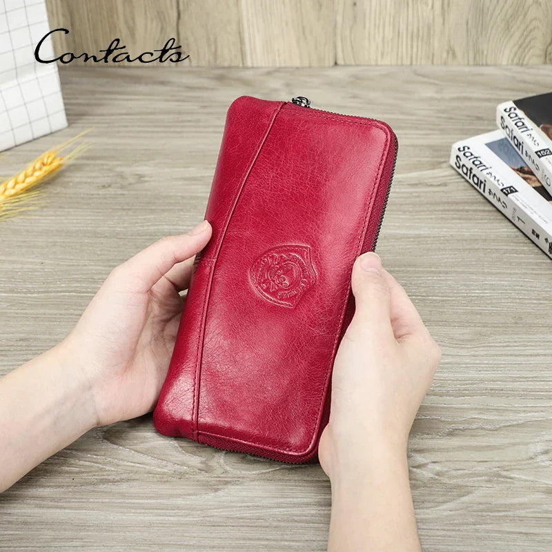 CONTACT'S Genuine Leather RFID Long  Women's Wallets Skull Pattern Zipper Women's Purses Card Holders Luxury Designer Money Clip