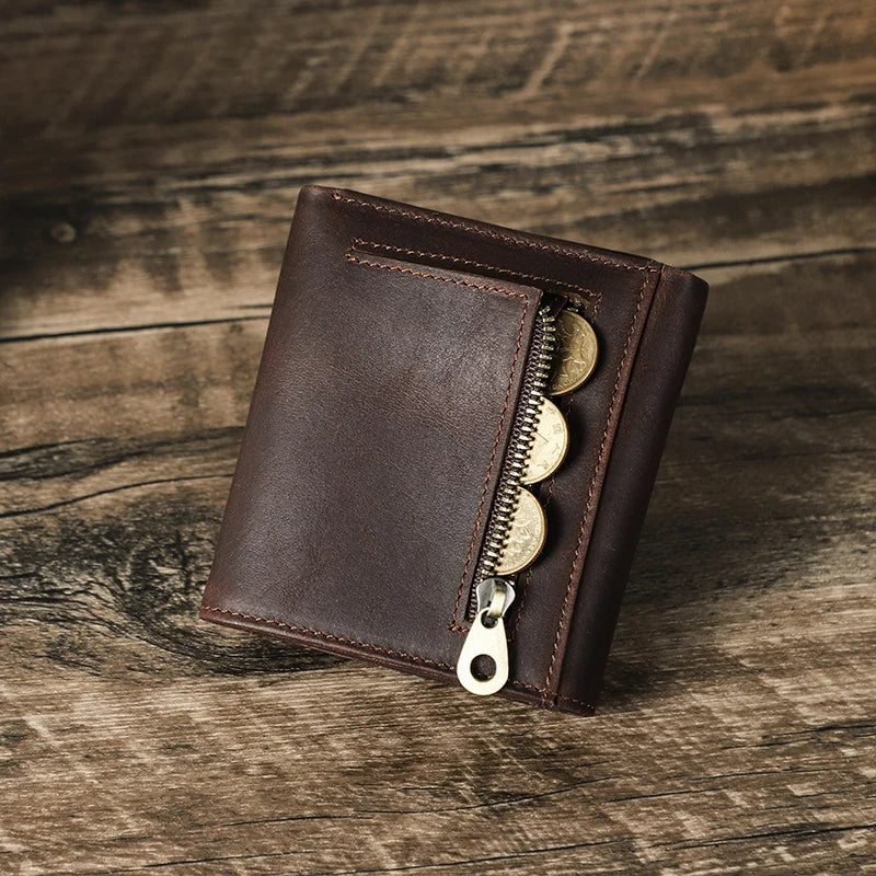 CONTACT'S Genuine Leather Retro Short Wallets for Men RFID Trifold Card Holders Zipper Coin Purses Money Clips Male Mini Wallets