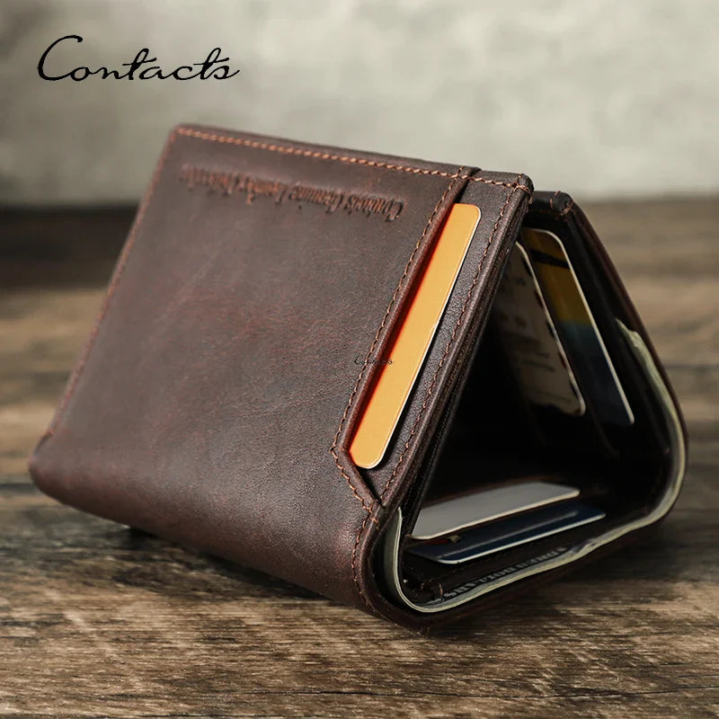 CONTACT'S Genuine Leather Retro Short Wallets for Men RFID Trifold Card Holders Zipper Coin Purses Money Clips Male Mini Wallets