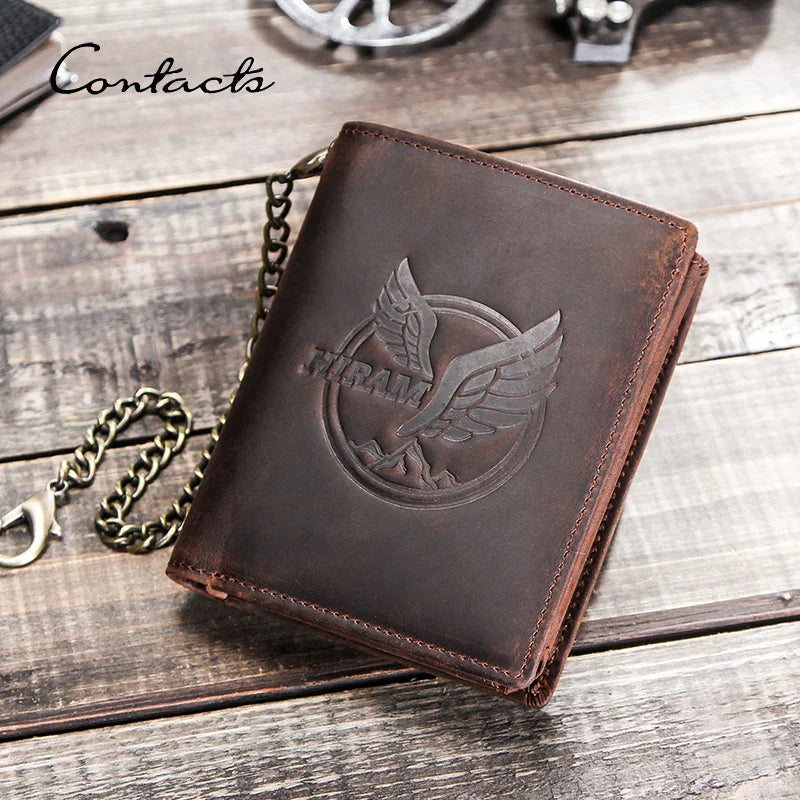 CONTACT'S Genuine Leather Wallets for Men Short Trifold Coin Purses Metal Chain RFID Card Holder Men Money Clip Men's Wallets