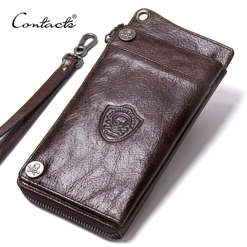 CONTACT'S Men's Wallet Genuine Leather Clutch Man Walet Brand Luxury Male Purse Long Wallets Zip Coin Purse  6.5" Phone Pocket