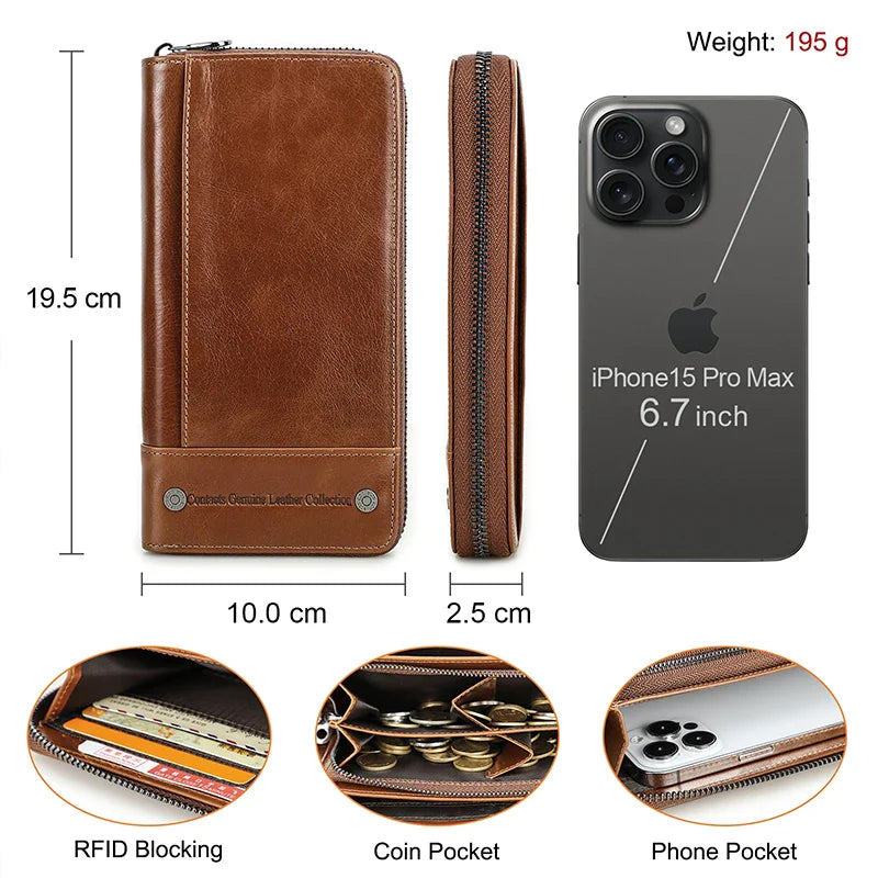 CONTACT'S RFID Men Wallet Genuine Leather Clutch Wallets Male Casual Long Purse with Phone Pocket Large Capacity Card Holder Bag