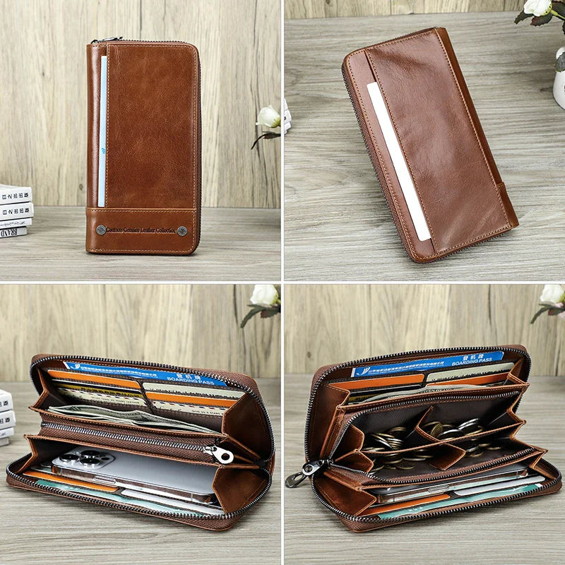 CONTACT'S RFID Men Wallet Genuine Leather Clutch Wallets Male Casual Long Purse with Phone Pocket Large Capacity Card Holder Bag