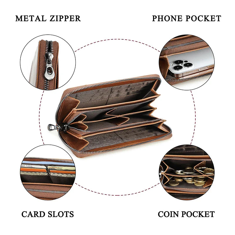 CONTACT'S RFID Men Wallet Genuine Leather Clutch Wallets Male Casual Long Purse with Phone Pocket Large Capacity Card Holder Bag