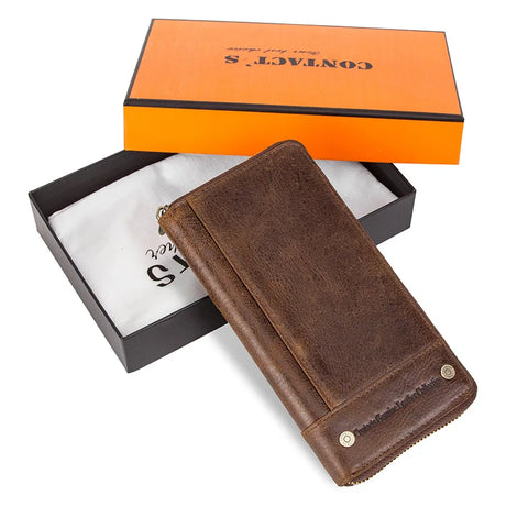 CONTACT'S RFID Men Wallet Genuine Leather Clutch Wallets Male Casual Long Purse with Phone Pocket Large Capacity Card Holder Bag