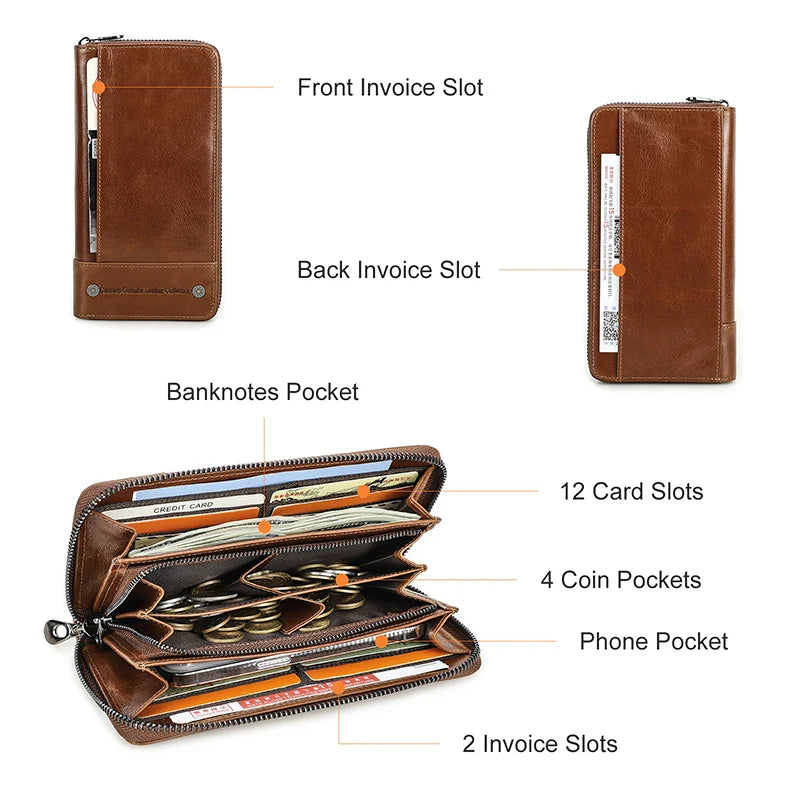 CONTACT'S RFID Men Wallet Genuine Leather Clutch Wallets Male Casual Long Purse with Phone Pocket Large Capacity Card Holder Bag