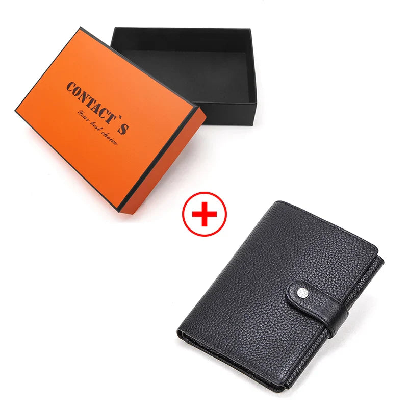 CONTACT'S Top Quality Genuine Cow Leather Wallet Men Hasp Design Short Purse With Passport Photo Holder For Male Clutch Wallets