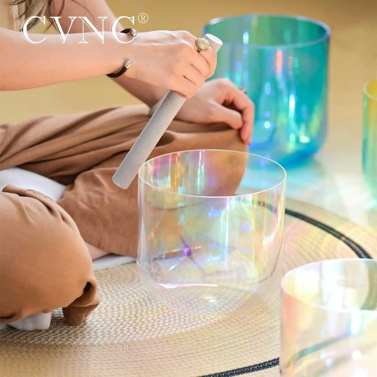 CVNC 6 Inch Natural Cosmic Light Alchemy Clear Quartz Crystal Singing Bowl for Sound Healing with Free Mallet and O-ring