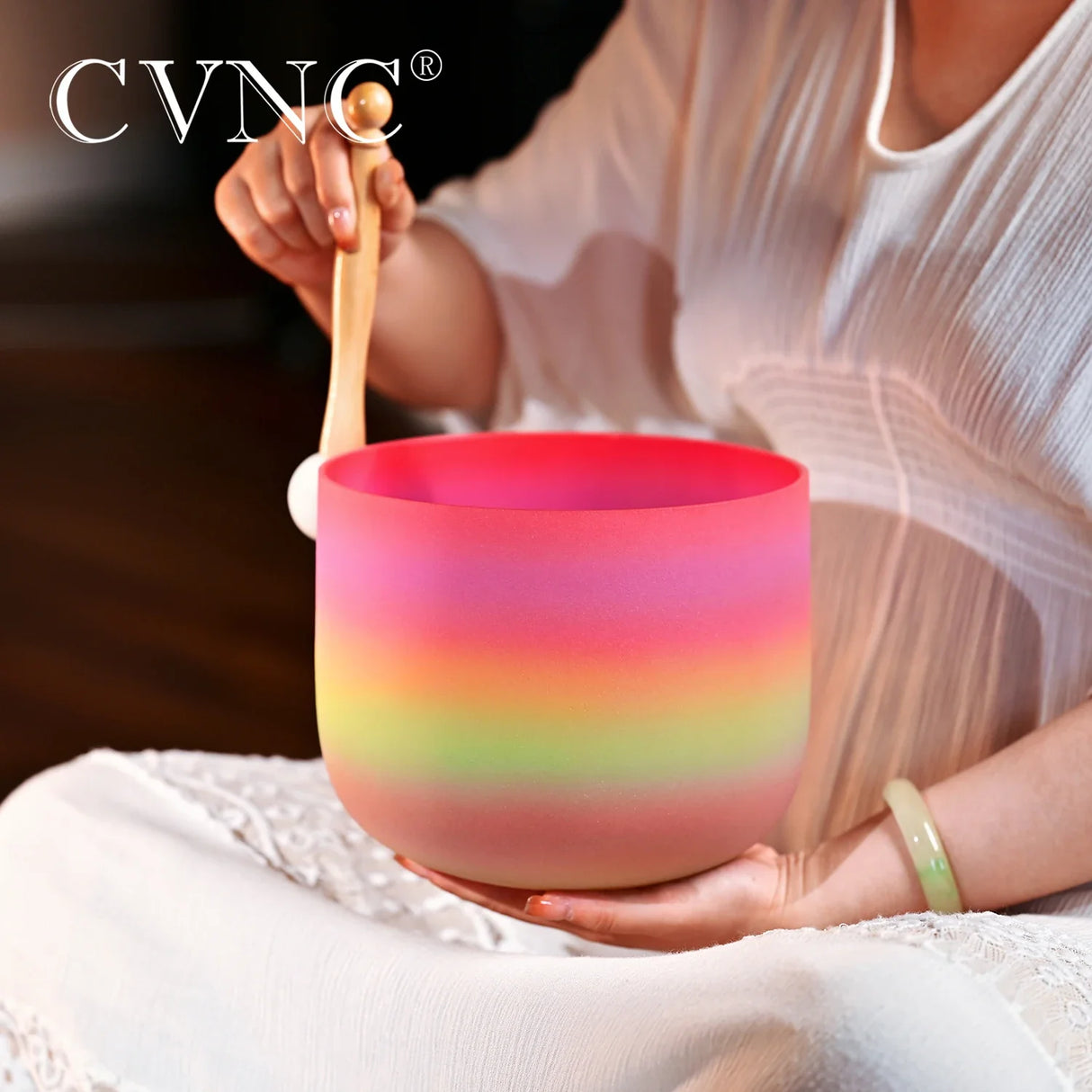 CVNC 8 Inch Candy Rainbow Colored Quartz Crystal Singing Bowl for Sound Healing with Free Mallet