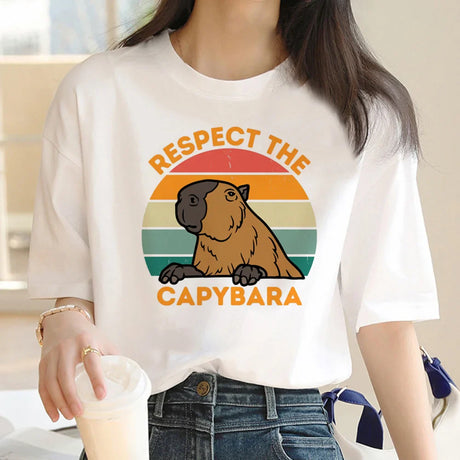 Capybara T Shirt Women Print Summer White Top Cotton T-shirt Graphic Tees Women Vintage Streetwear 90s Plus Size Tshirt Female