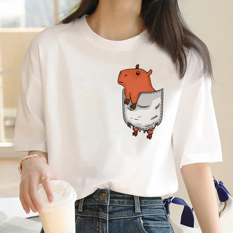 Capybara T Shirt Women Print Summer White Top Cotton T-shirt Graphic Tees Women Vintage Streetwear 90s Plus Size Tshirt Female