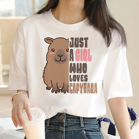 Capybara T Shirt Women Print Summer White Top Cotton T-shirt Graphic Tees Women Vintage Streetwear 90s Plus Size Tshirt Female