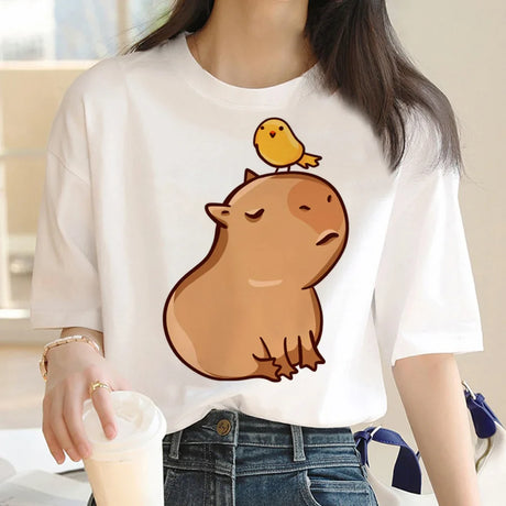 Capybara T Shirt Women Print Summer White Top Cotton T-shirt Graphic Tees Women Vintage Streetwear 90s Plus Size Tshirt Female