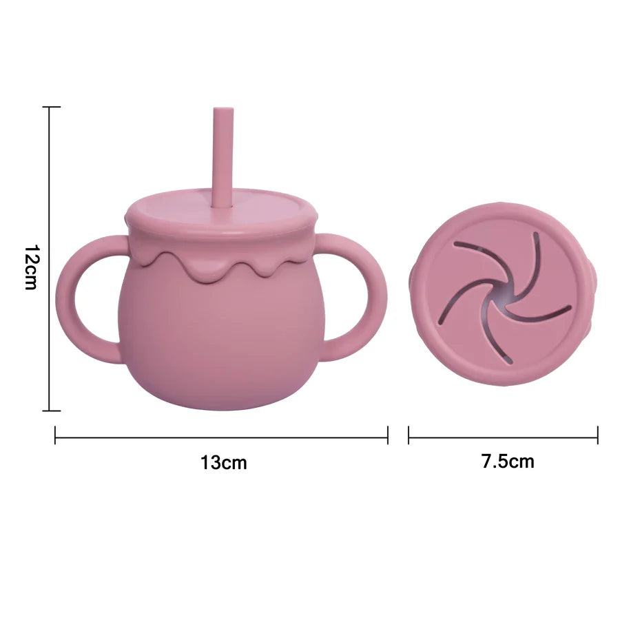 Cartoon Cute Silicone Straw Cup Children's Drinking Cup Snack Cup 2-in-1 Food Storage Box with Handle Feeding Water Cup BPA Free