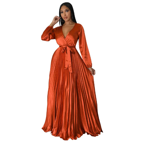 Casual Elegant Long Dress For Lady Female Evening Party Vestidos Girls Long Sleeve Robe Women Pleated Maxi Formal Dresses