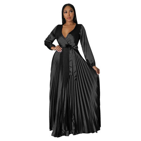 Casual Elegant Long Dress For Lady Female Evening Party Vestidos Girls Long Sleeve Robe Women Pleated Maxi Formal Dresses