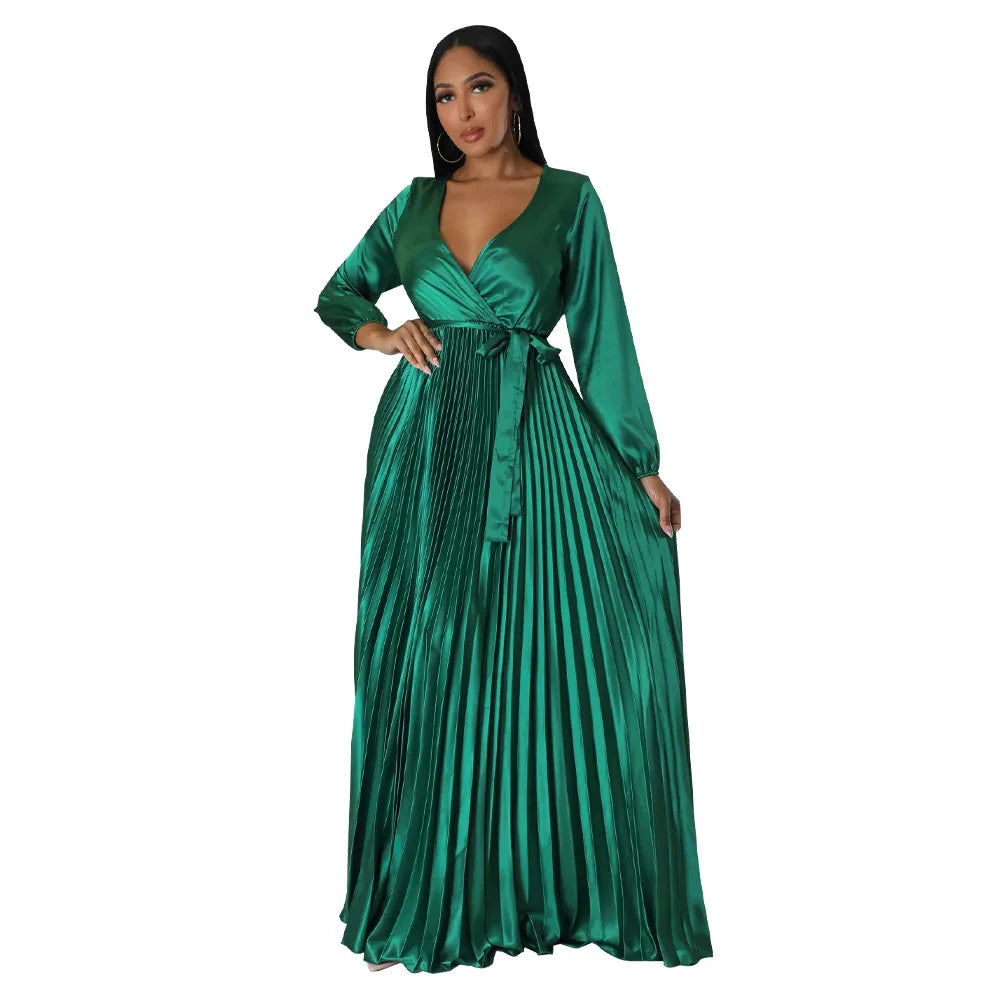 Casual Elegant Long Dress For Lady Female Evening Party Vestidos Girls Long Sleeve Robe Women Pleated Maxi Formal Dresses