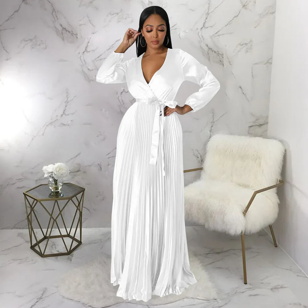 Casual Elegant Long Dress For Lady Female Evening Party Vestidos Girls Long Sleeve Robe Women Pleated Maxi Formal Dresses