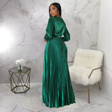 Casual Elegant Long Dress For Lady Female Evening Party Vestidos Girls Long Sleeve Robe Women Pleated Maxi Formal Dresses