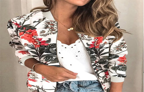 Casual Floral Printed Plus Size Bomber Jacket Autumn Elegant Zipper Coat Office Wear Slim Office Jackets Vintage Outwear 2023