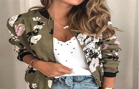 Casual Floral Printed Plus Size Bomber Jacket Autumn Elegant Zipper Coat Office Wear Slim Office Jackets Vintage Outwear 2023