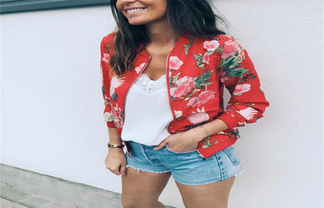 Casual Floral Printed Plus Size Bomber Jacket Autumn Elegant Zipper Coat Office Wear Slim Office Jackets Vintage Outwear 2023