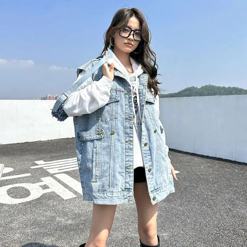 Casual Loose Denim Vest Women Streetwear Blue Black Boyfriend Sleeveless Jackets 2023 Spring Summer Lapel Jean Chalecos Mujer